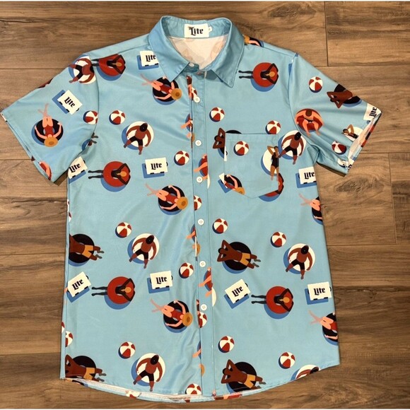 Miller Lite Beer Summer Beach Pool Short Sleeve Button Up Shirt Size Medium - Picture 1 of 5